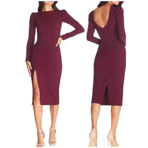 Dress The Population Nadia Long Sleeve Scoop Back Midi Dress XS (4)  Burgundy